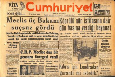 Cumhuriyet Gazetesi 21 Haziran 1956 - Ürdün Paktlara Girmiyor - Köprülünün İstifasına Dair Dün Basına Verdiği Beyanat GZ119805 - 1