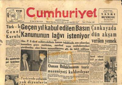 Cumhuriyet Gazetesi - 21 Haziran 1957 - Basın Kanununun Lağvı İsteniyor GZ110242 - 1