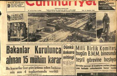 Cumhuriyet Gazetesi 21 Haziran 1960 - Bakanlar Kurulunca Alınan 15 Mühim Karar GZ108995 - 1