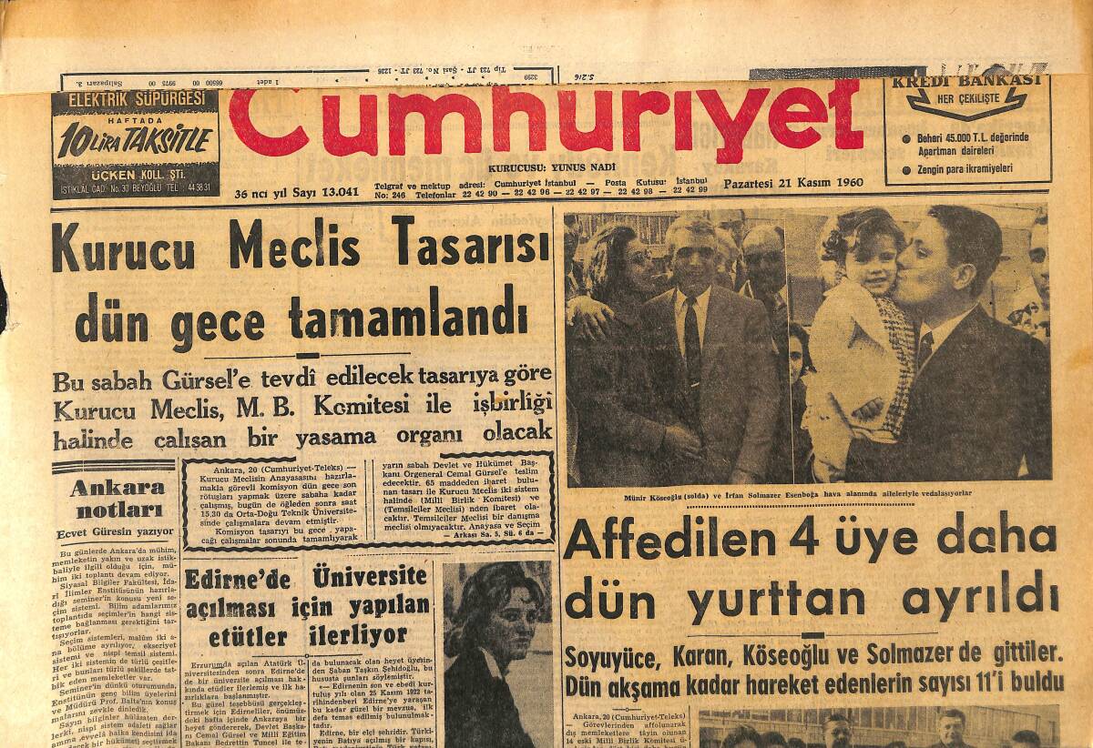 Cumhuriyet Gazetesi 21 Kasım 1960 - Edirne'de Üniversite Açılması İçin Yapılan Etütler İlerliyor - Süreyya Nişanlandı GZ152537 - 1