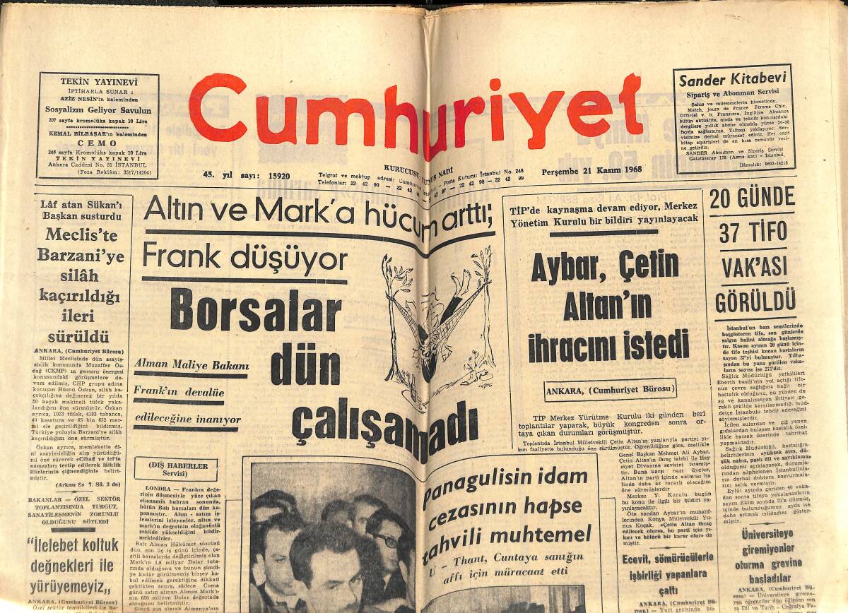 Cumhuriyet Gazetesi 21 Kasım 1968 - Panagulis Diğer Sanıklarla Birlikte Mahkeme'de - Galatasaray 2 Romen Futbolcu Peşinde GZ143289 - 1