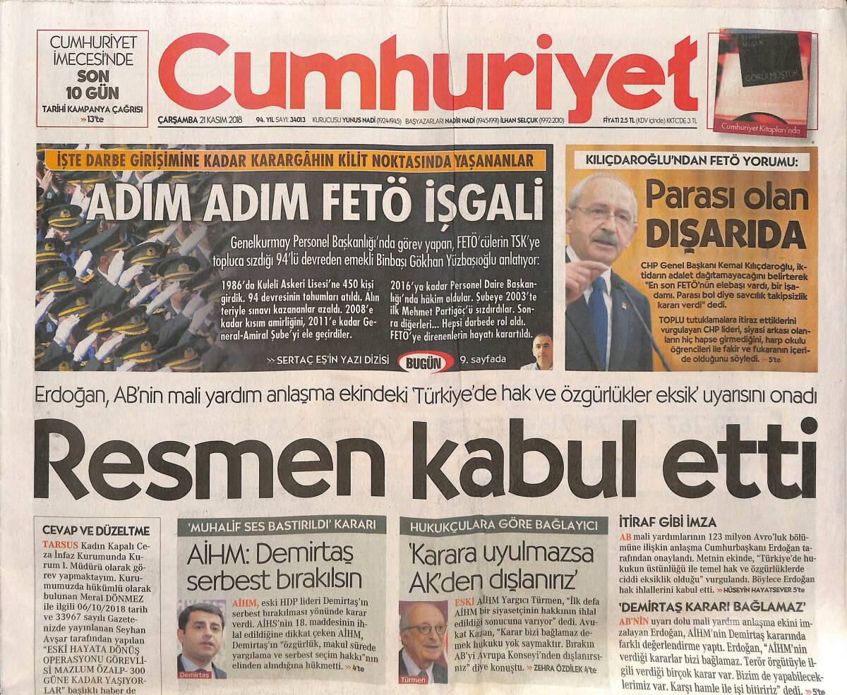 Cumhuriyet Gazetesi 21 Kasım 2018 - İcra Dramları Bitiyor - Bakan Albayrak'tan Pembe Tablo - Dedeler Eylemde GZ135379 - 1
