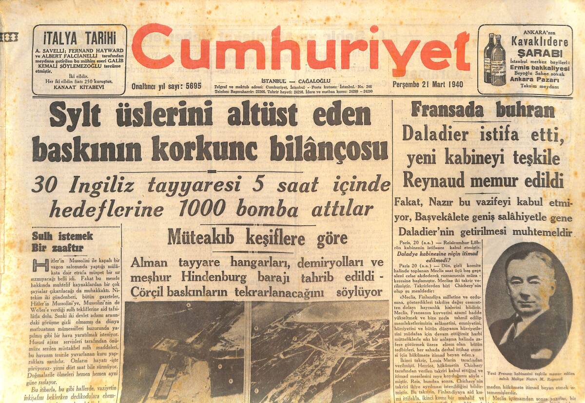 Cumhuriyet Gazetesi 21 Mart 1940 - Büyük Tıp Kahramanı Doktor Besim Ömer - Sylt Üslerini Altüst Eden Baskının Korkunç Bilançosu GZ146633 - 1