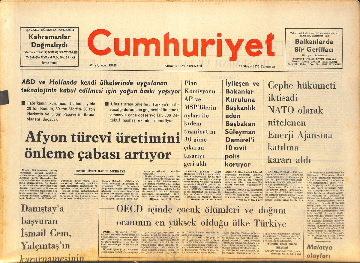 Cumhuriyet Gazetesi 21 Mayıs 1975 - İtalya İflasın Eşiğinden Bir Kez Daha Döndü - Dünya'da Petrol Tükeniyor GZ143635 - 1