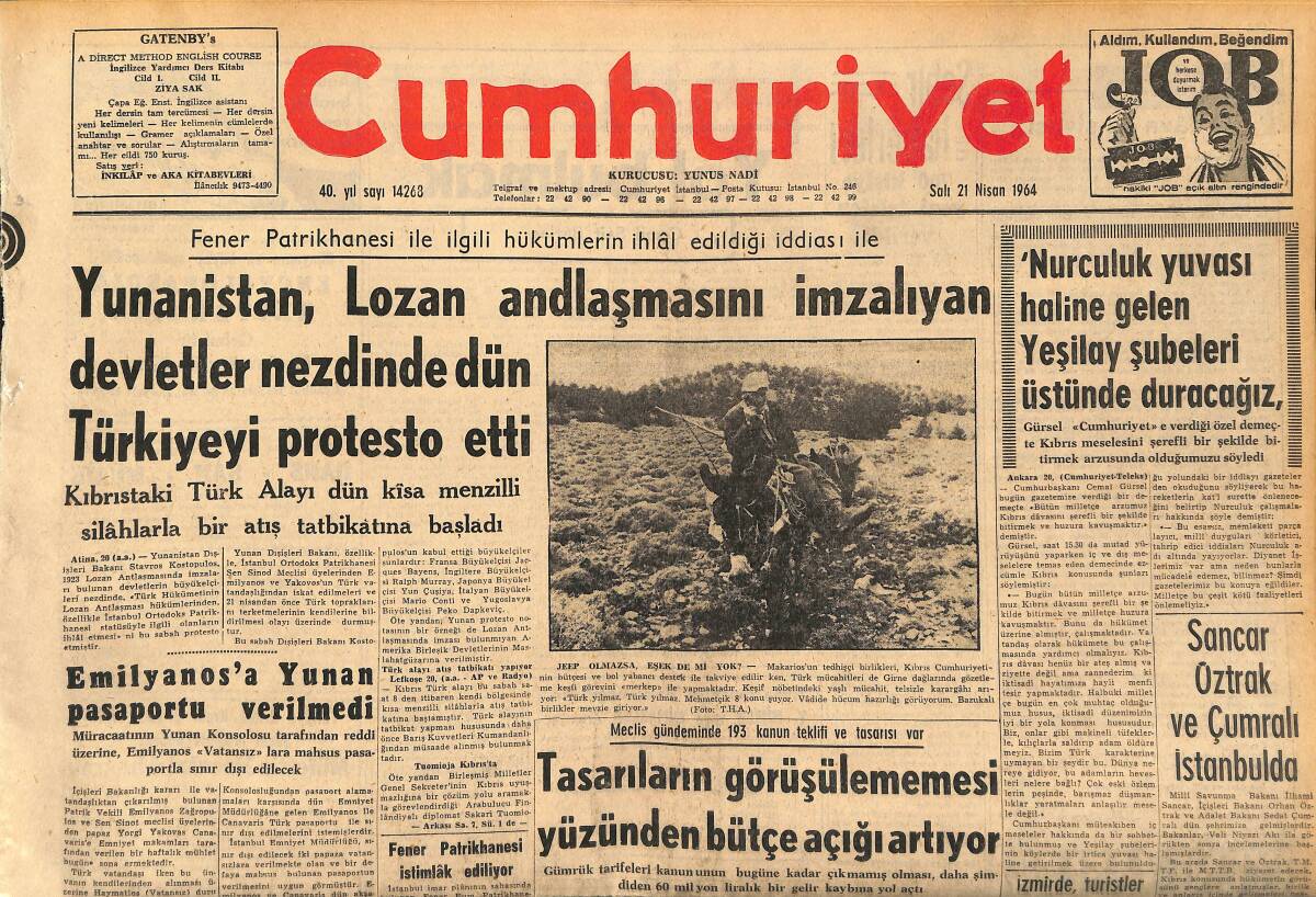Cumhuriyet Gazetesi 21 Nisan 1964 - Yunanistan , Lozan Andlaşmasını İmzalıyan Devletler Nezdinde Dün Türkiyeyi Protesto Etti GZ160431 - 1