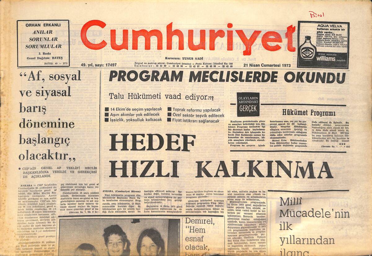 Cumhuriyet Gazetesi 21 Nisan 1973 - Hedef Hızlı Kalkınma - Genç Milli Basketbol Takımımız İlk Maçını Amerika İle Oynayacak! GZ143033 - 1