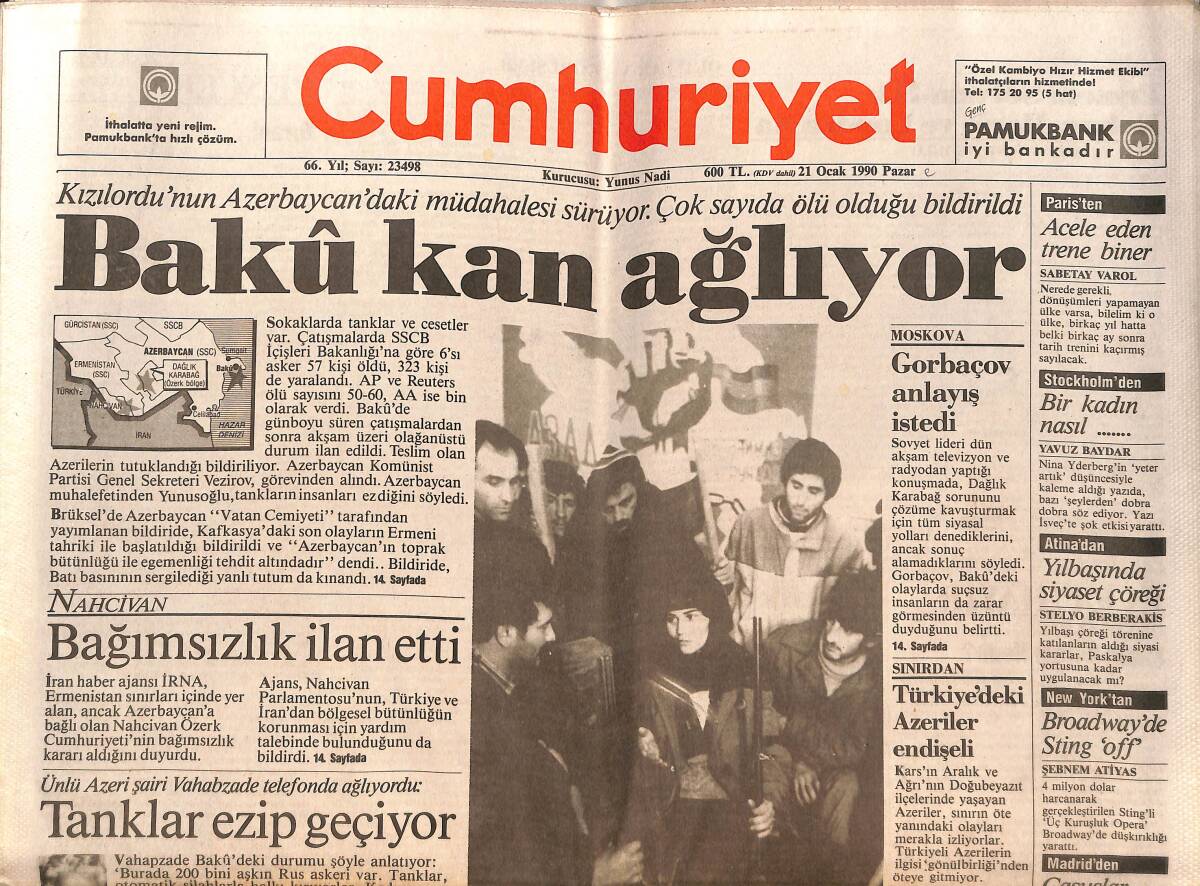 Cumhuriyet Gazetesi 21 Ocak 1990 - Denktaş'tan Özal'a Uyarı - Bakü Kan Ağlıyor GZ151924 - 1