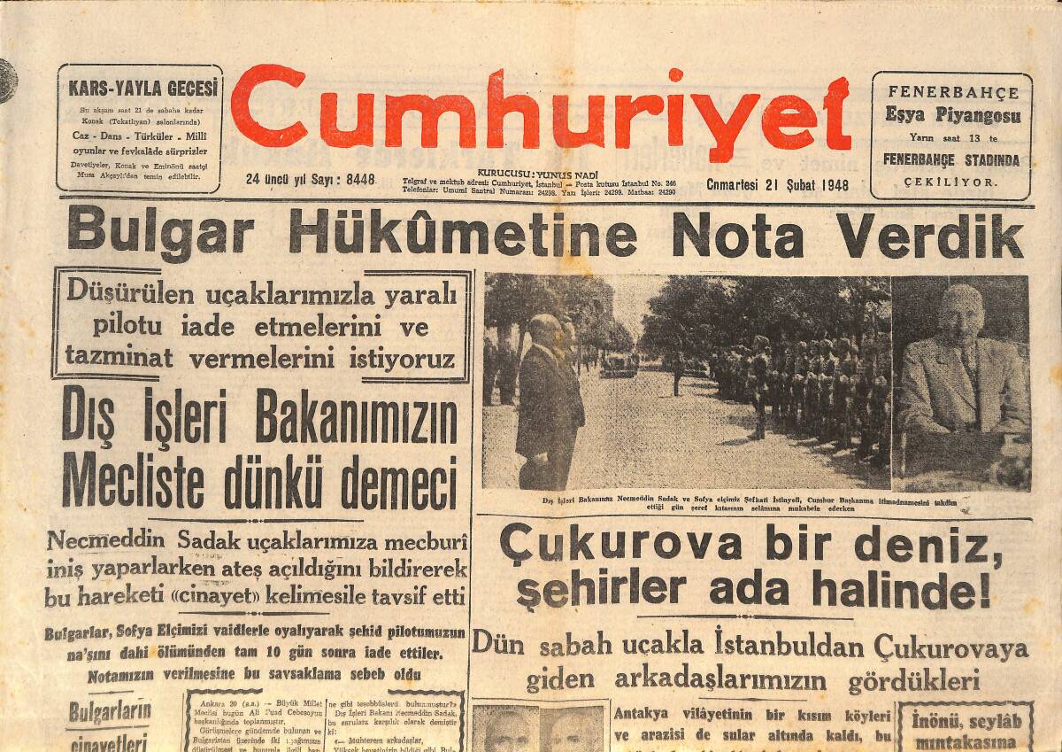 Cumhuriyet Gazetesi 21 Şubat 1948 - Bulgar Hükümetine Nota Verdik - Dış İşleri Bakanımızın Mecliste Dünkü Demeci GZ146542 - 1