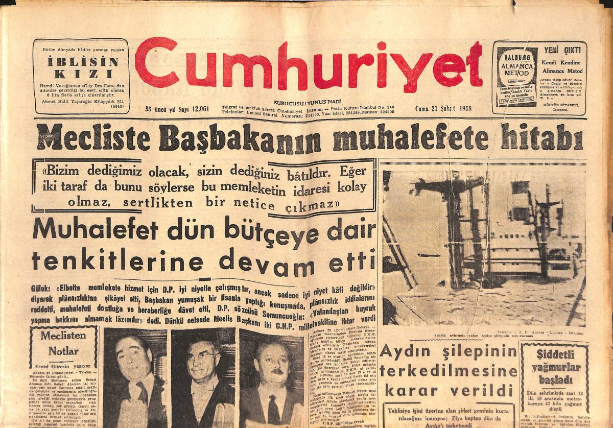 Cumhuriyet Gazetesi 21 Şubat 1958 - Mecliste Başbakan'ın Muhalefete Hitabı - Orman Suçlarının Affına Dair Tasarının Esasları! GZ139243 - 1