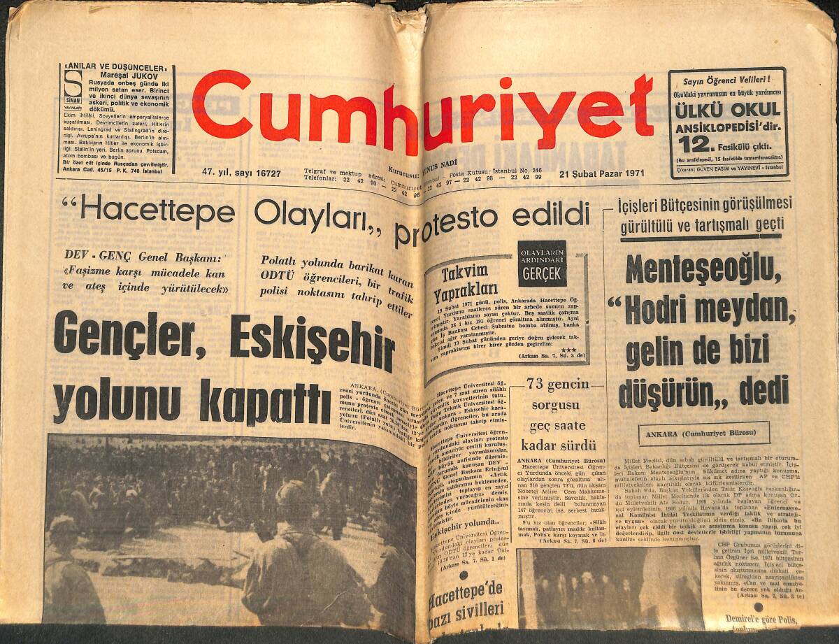 Cumhuriyet Gazetesi 21 Şubat 1971 - Gençler , Eskişehir Yolunu Kapattı - Kuleli'de Yangın GZ143427 - 1