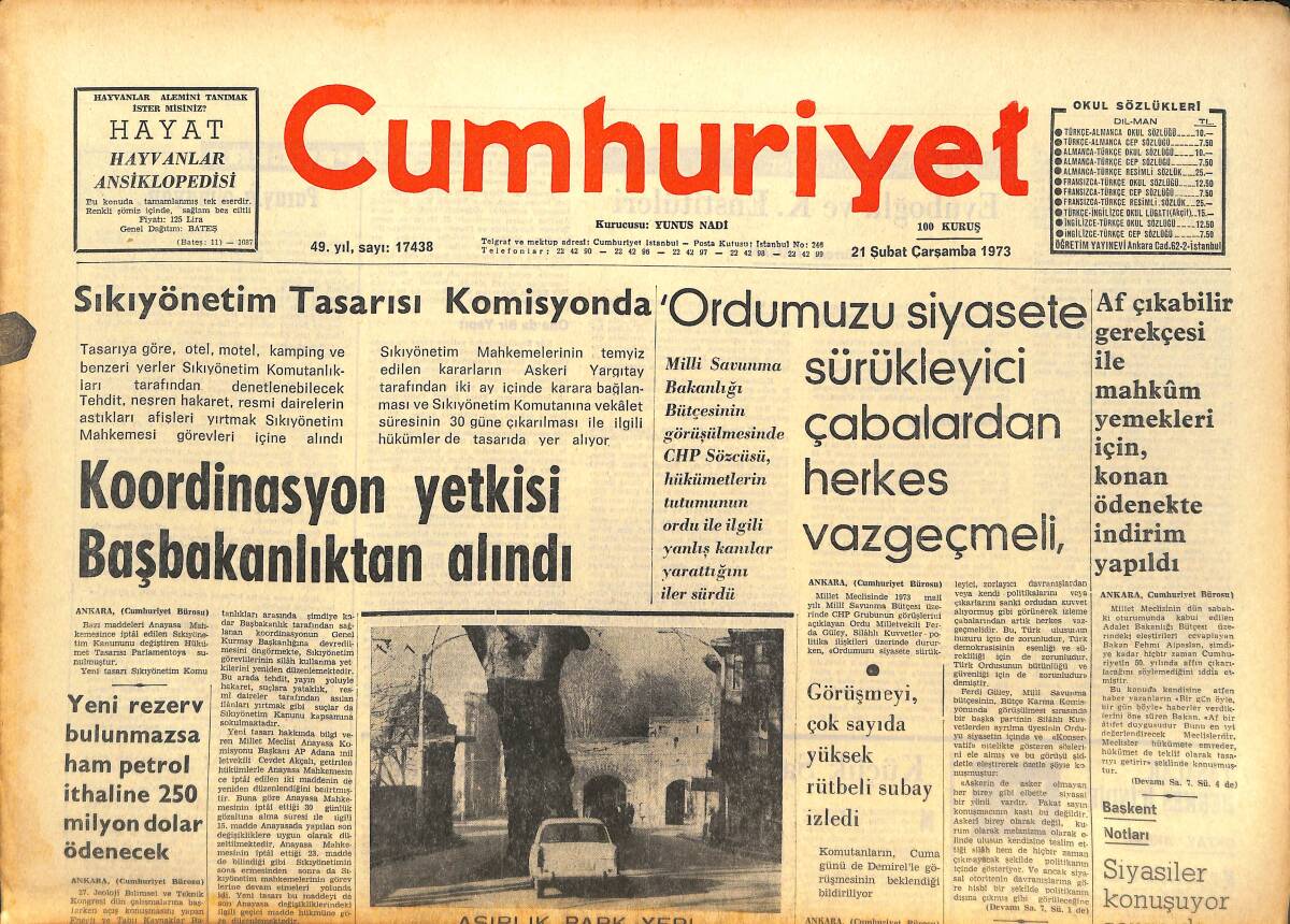Cumhuriyet Gazetesi 21 Şubat 1973 - Koordinasyon Yetkisi Başbakanlıktan Alındı - Fenerbahçe Altay Maçı Tekrar Edilemez! GZ142602 - 1