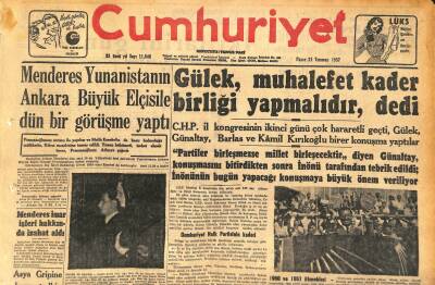 Cumhuriyet Gazetesi 21 Temmuz 1957 - Atatürk Üniversitesinin Temel Atma Töreni - Asya Gripine Karşı Tedbir GZ119937 - 1