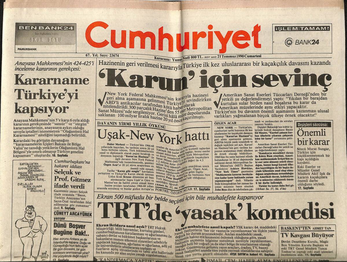 Cumhuriyet Gazetesi 21 Temmuz 1990 - TRT'de Yasak Komedisi - Vasiliu Tehlikeli Yolda GZ151883 - 1
