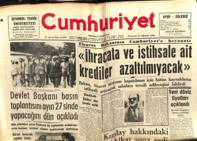 Cumhuriyet Gazetesi 22 Ağustos 1960 - İhracat Ve İstihsale Ait Krediler Azaltılmayacak GZ103087 - 2