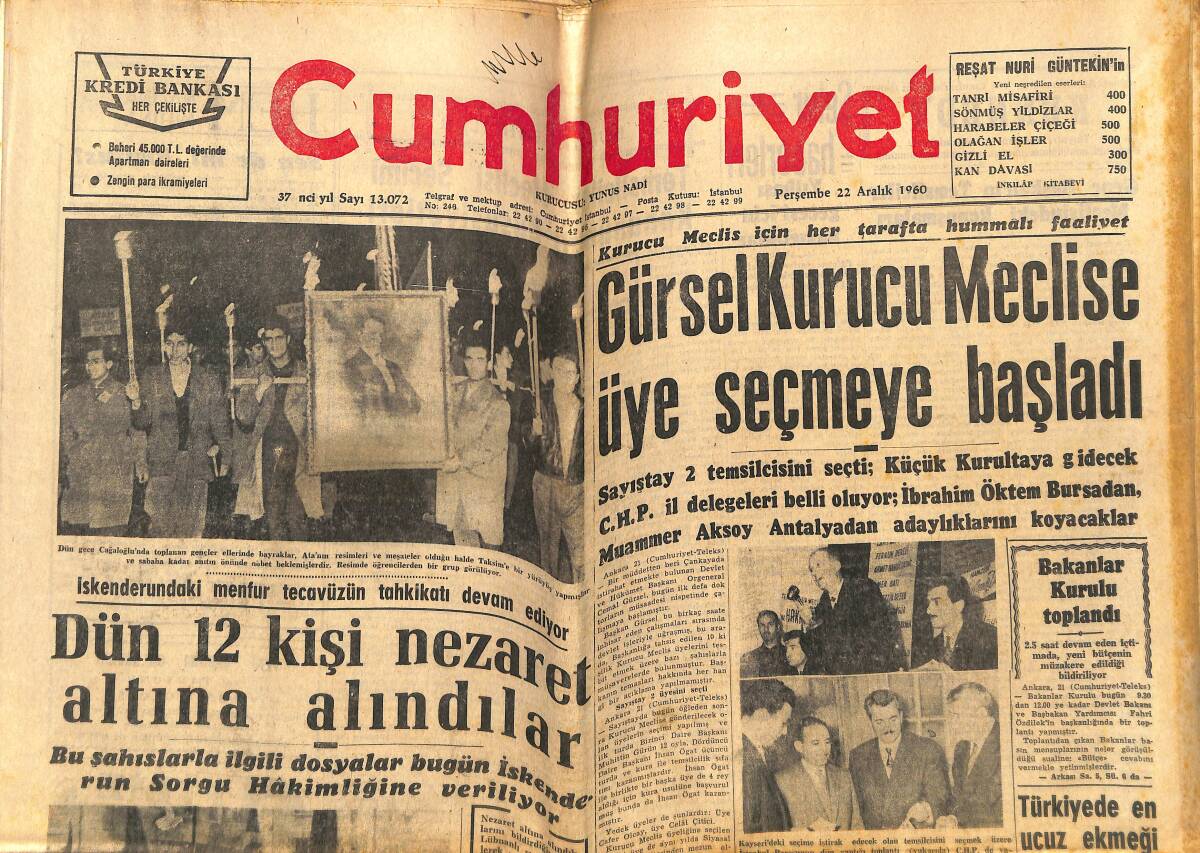 Cumhuriyet Gazetesi 22 Aralık 1960 - Türkiye'nin Turistik Gelişmesi - Fenerbahçeli Yüksel İle Hilmi'ye 15 Maç Ceza GZ143570 - 1