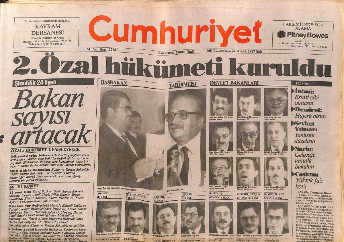 Cumhuriyet Gazetesi 22 Aralık 1987 - 2. Özal Hükümeti Kuruldu - Michael Jackson'un Kopyası - Hakemler Hak Yedi! GZ140020 - 1