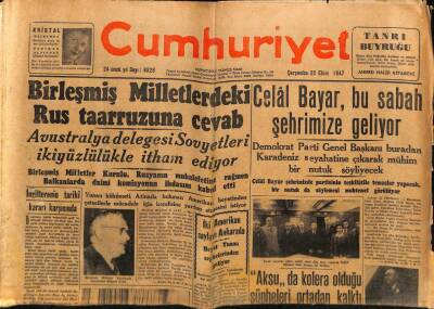 Cumhuriyet Gazetesi 22 Ekim 1947 - Celal Bayar , Bu Sabah Şehrimize Geliyor GZ69703 - 2
