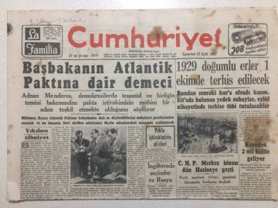 Cumhuriyet Gazetesi 22 Eylül 1951 - Başbakanın Atlantik Paktına Dair Demeci GZ52514 - 1