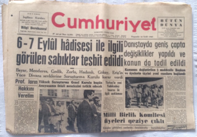 Cumhuriyet Gazetesi 22 Eylül 1960 - 6-7 Eylül Hadisesi İle İlgili Görülen Sabıklar Tesbit Edildi - GZ19348 - 1
