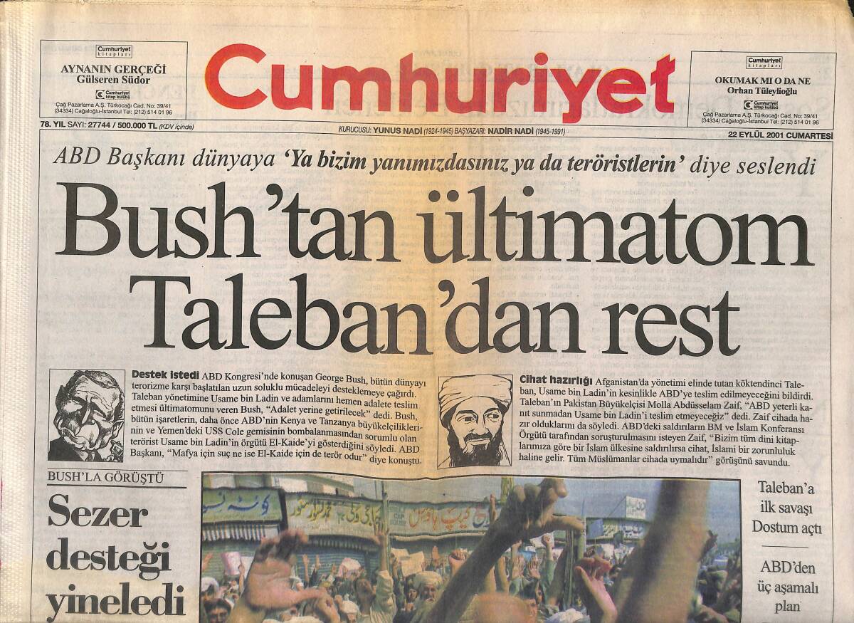 Cumhuriyet Gazetesi 22 Eylül 2001 - Bush'tan Ültimatom Taleban'dan Rest - Ladin Pakistan'ı Karıştırdı GZ151785 - 1