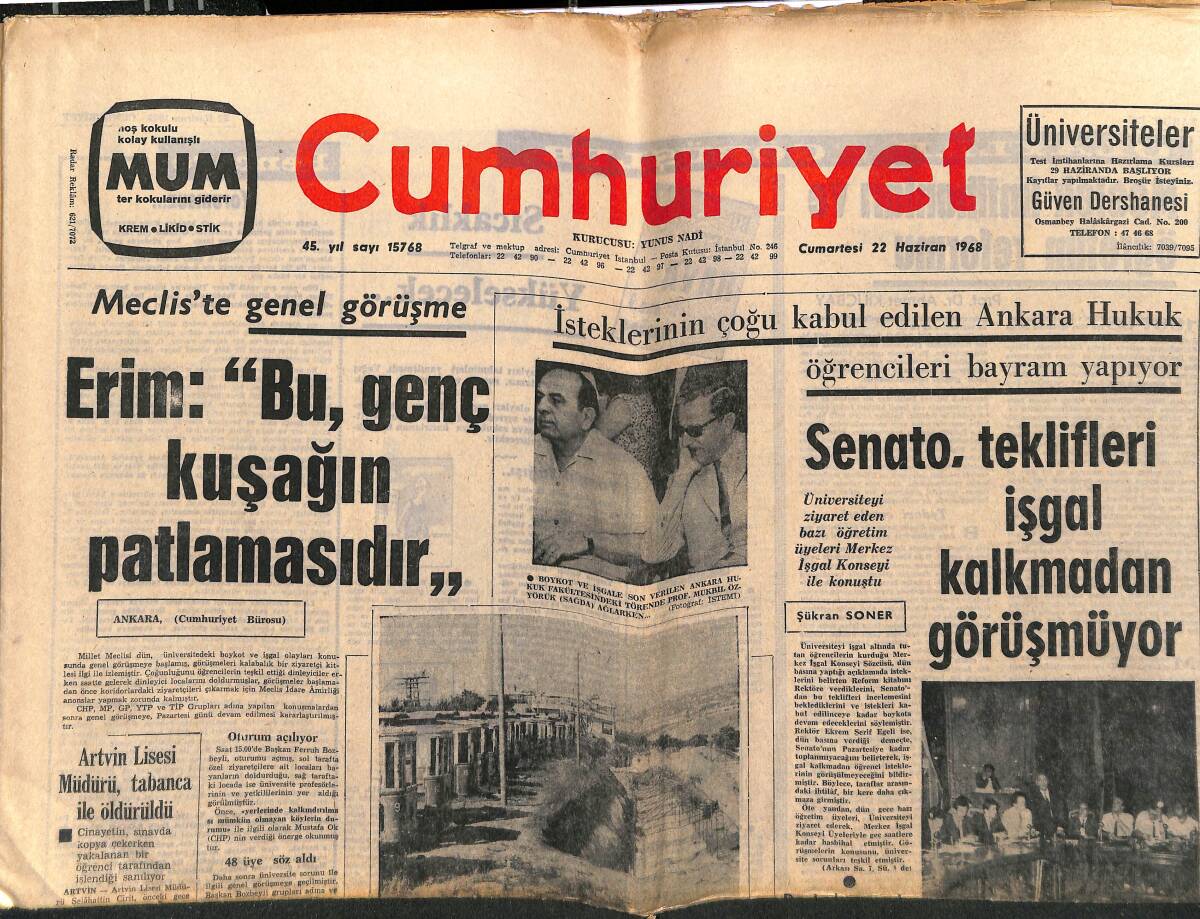 Cumhuriyet Gazetesi 22 Haziran 1968 - Ankara Hukuk Öğrencileri Bayram Yapıyor - Ordulu Mustafa Servisimizde Altın Kemer İle - F.Bahçe İzmir'e Gidiyor GZ139153 - 1