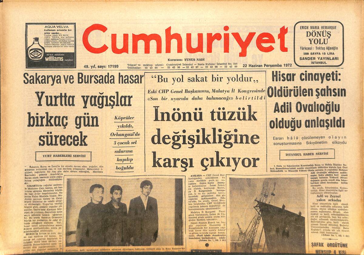 Cumhuriyet Gazetesi 22 Haziran 1972 - İnönü, Tüzük Değişikliğine Karşı Çıkıyor - ABD, İsrail'e En Son Model Skyhawk Savaş Uçağı Verecek GZ143584 - 1