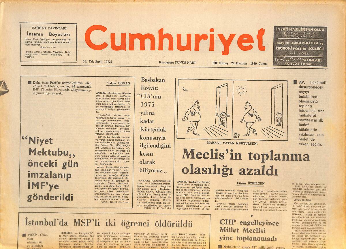 Cumhuriyet Gazetesi 22 Haziran 1979 - İstanbul'da Msp'li İki Öğrenci Öldürüldü - Fransız Sinemasının En İyi 10 Filmi Belirlendi GZ143521 - 1