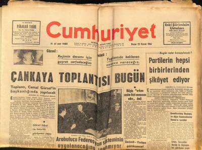 Cumhuriyet Gazetesi 22 Kasım 1964 - Çankaya Toplantısı Bugün, Toplantı Cemal Gürsel`in Başkanlığında Yapılacak GZ88028 - 1