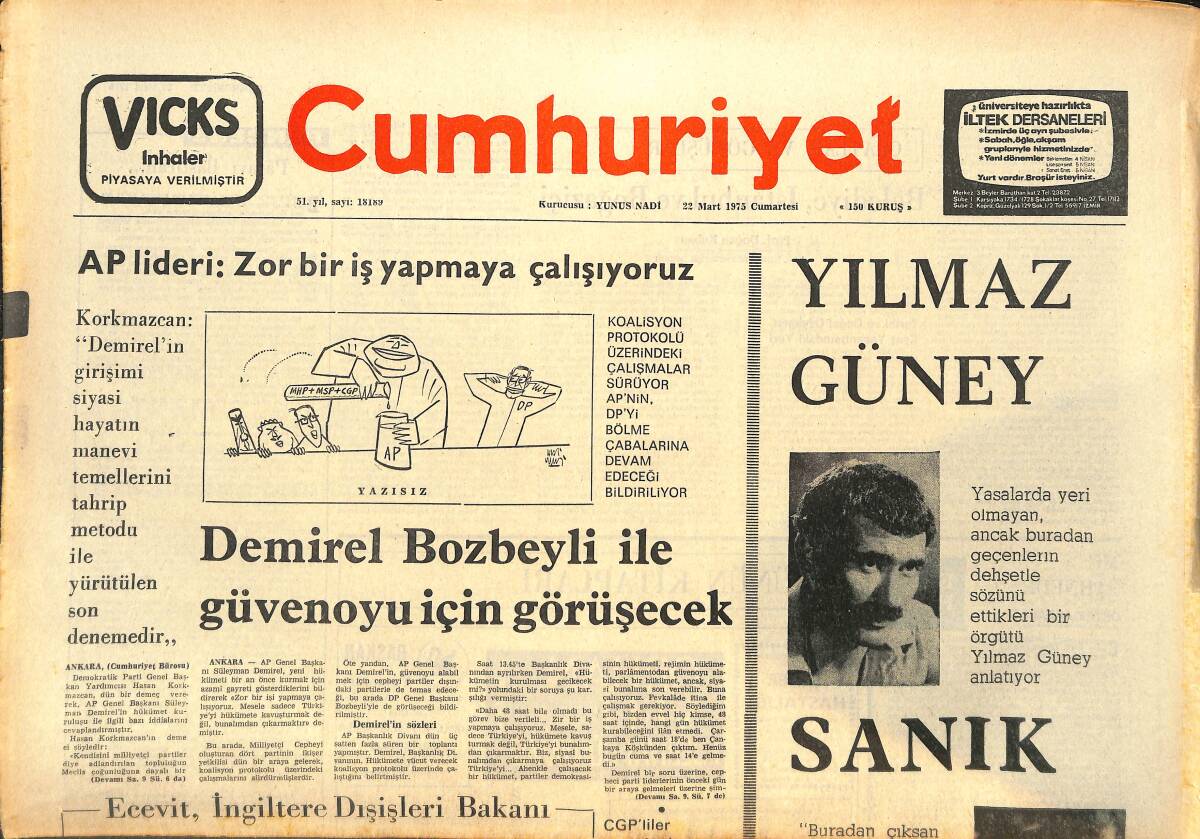 Cumhuriyet Gazetesi 22 Mart 1975 - Yılmaz Güney Sanık - AP Lideri : Zor Bir İş Yapmaya Çalışıyoruz GZ143706 - 1