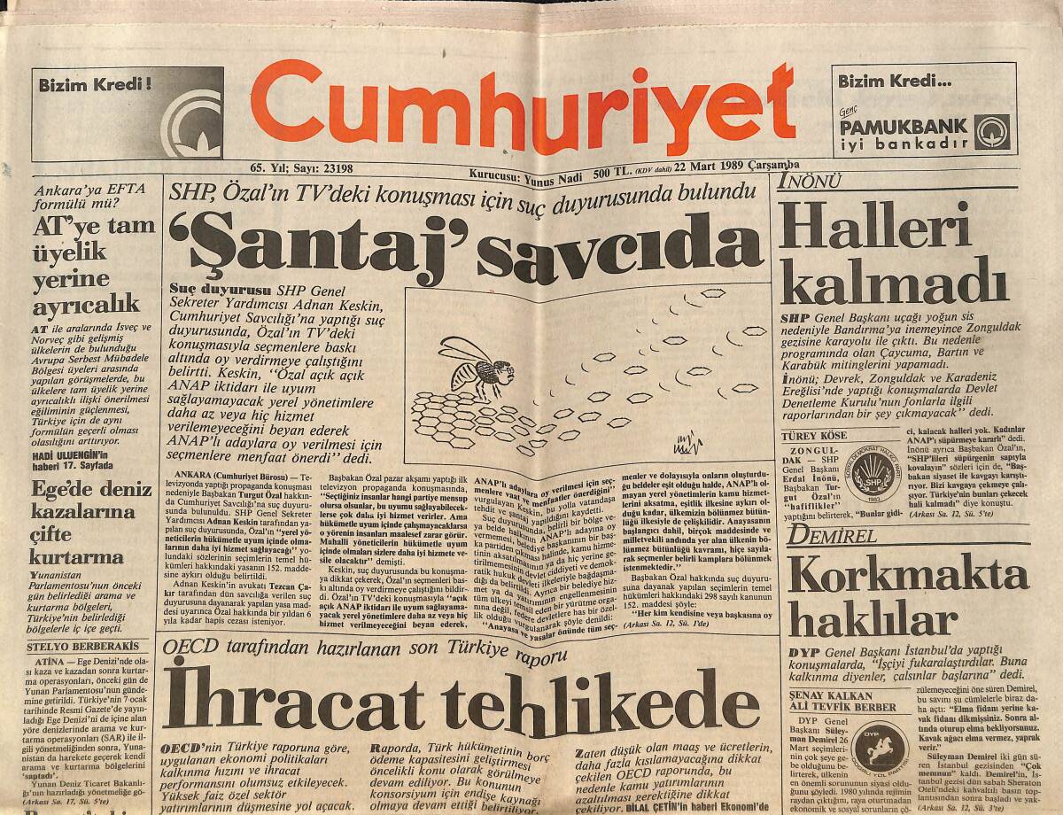 Cumhuriyet Gazetesi 22 Mart 1989 - MİT'te CIA Köstebeği - İhracat Tehlikede GZ151962 - 1