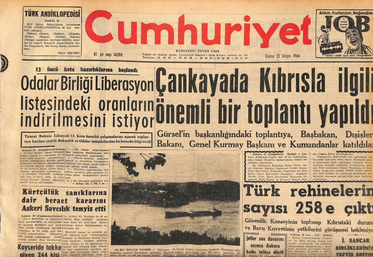 Cumhuriyet Gazetesi 22 Mayıs 1964 - Çankayada Kıbrısla İlgili Önemli Bir Toplantı Yapıldı GZ160409 - 1