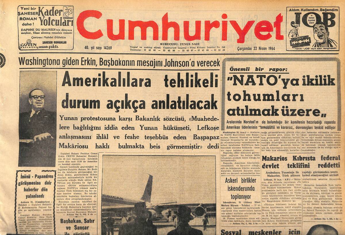 Cumhuriyet Gazetesi 22 Nisan 1964 - Emilyanos Ve Canavaris Uçakla Hudut Dışı Edildi GZ160432 - 1