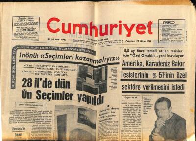 Cumhuriyet Gazetesi 22 Nisan 1968 - 28 İlde Dün Ön Seçimler Yapıldı GZ80428 - 1