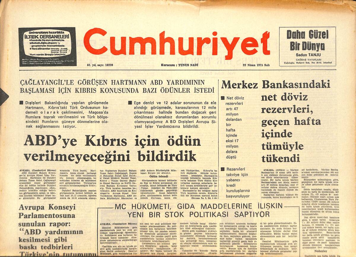 Cumhuriyet Gazetesi 22 Nisan 1975 - Halk Faşizme İlk Kez 1932'de Başkaldırmıştı - İtalyan Sosyalist Partisi Etkenliğini Yitiriyor GZ143473 - 1