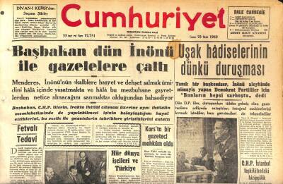 Cumhuriyet Gazetesi 22 Ocak 1960 - Uçak Hadiselerinin Dünkü Duruşması - Başbakan Dün İnönü İle Gazetelere Çattı GZ119945 - 1