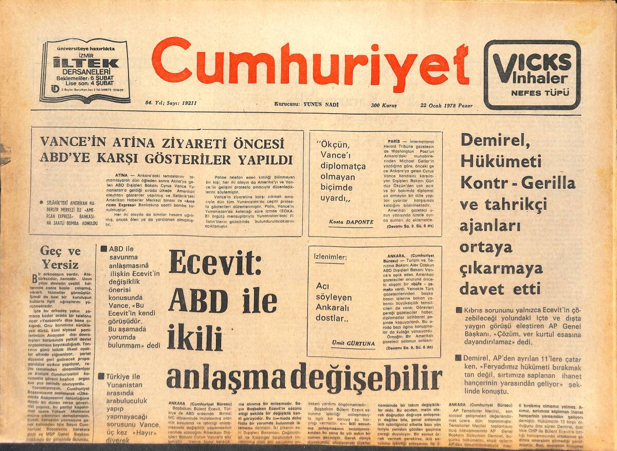 Cumhuriyet Gazetesi 22 Ocak 1978 - MSP Erbakan İçin Yasa Değişikliği Önerecek - Ecevit : ABD İle İkili Anlaşma Değişebilir GZ142689 - 1