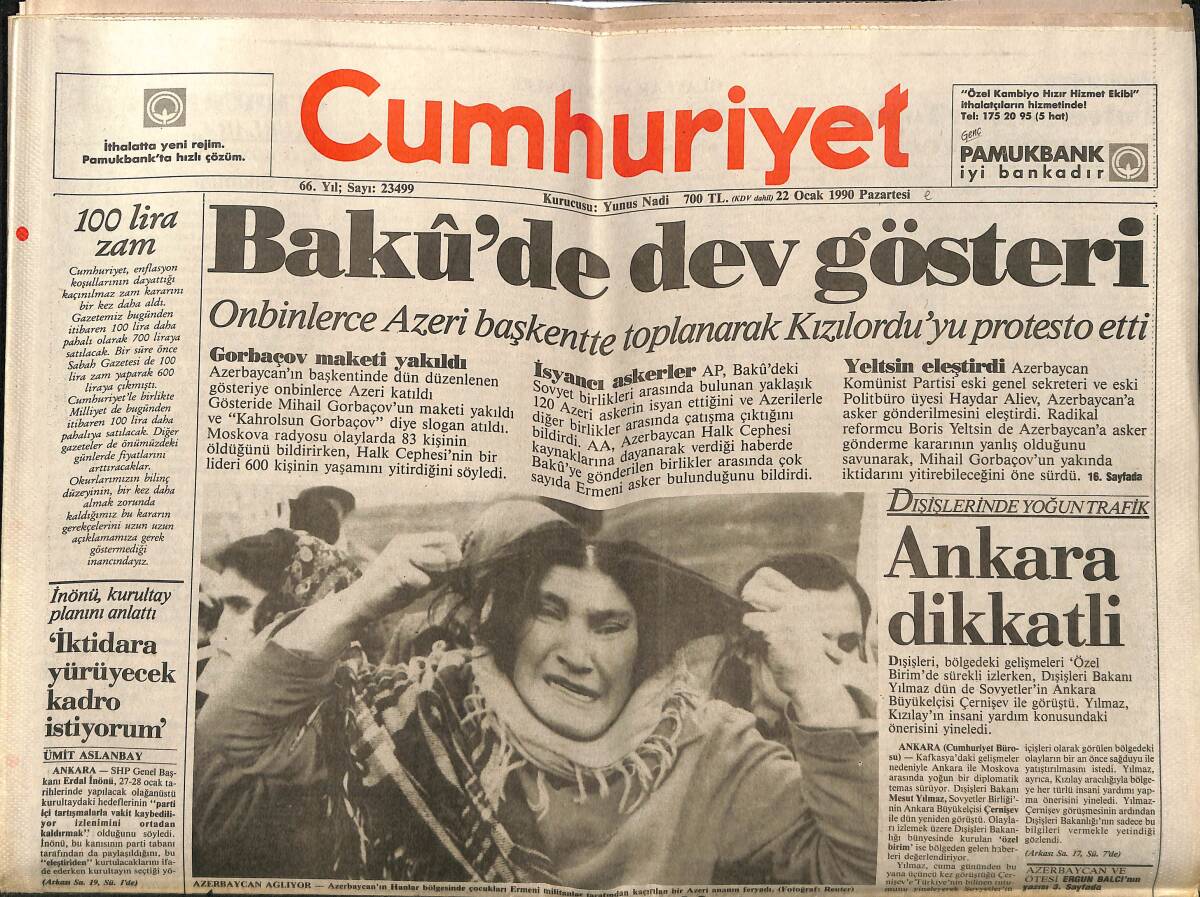 Cumhuriyet Gazetesi 22 Ocak 1990 - Bakü'de Dev Gösteri - Özal-Cuellar Görüşmesi Bugün GZ151898 - 1