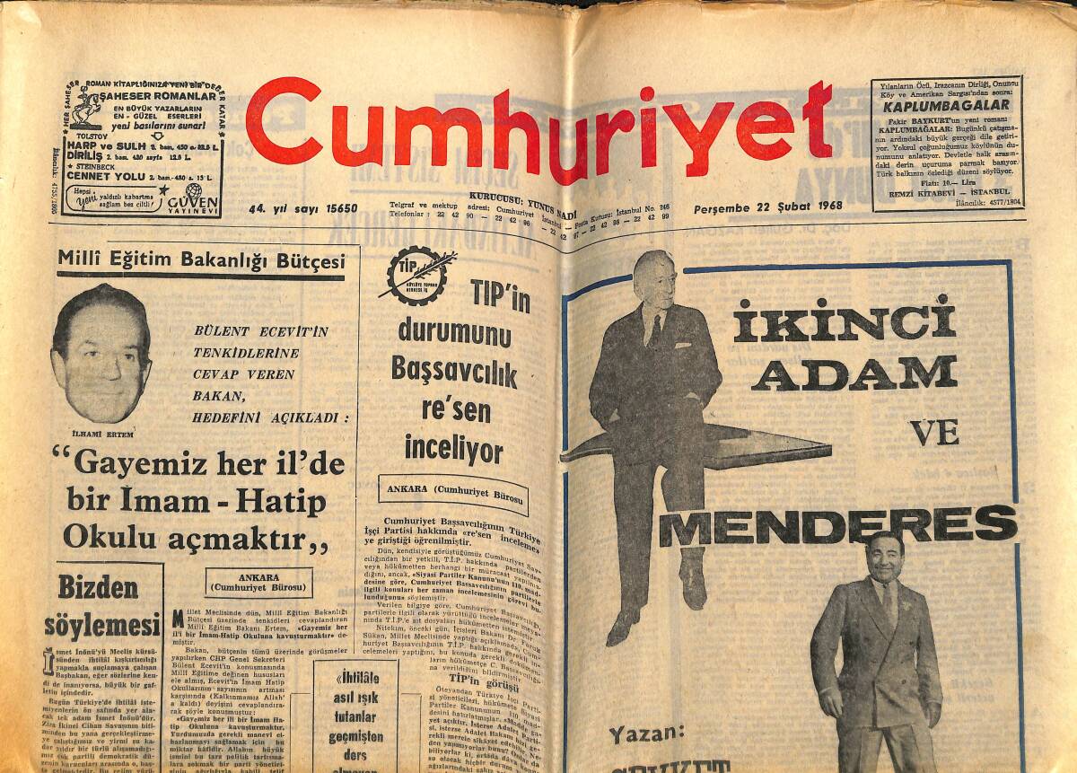 Cumhuriyet Gazetesi 22 Şubat 1968 - Ustinov Rektör Oldu - TİP'in Durumunu Başsavcılık Re'sen İnceliyor GZ148844 - 1