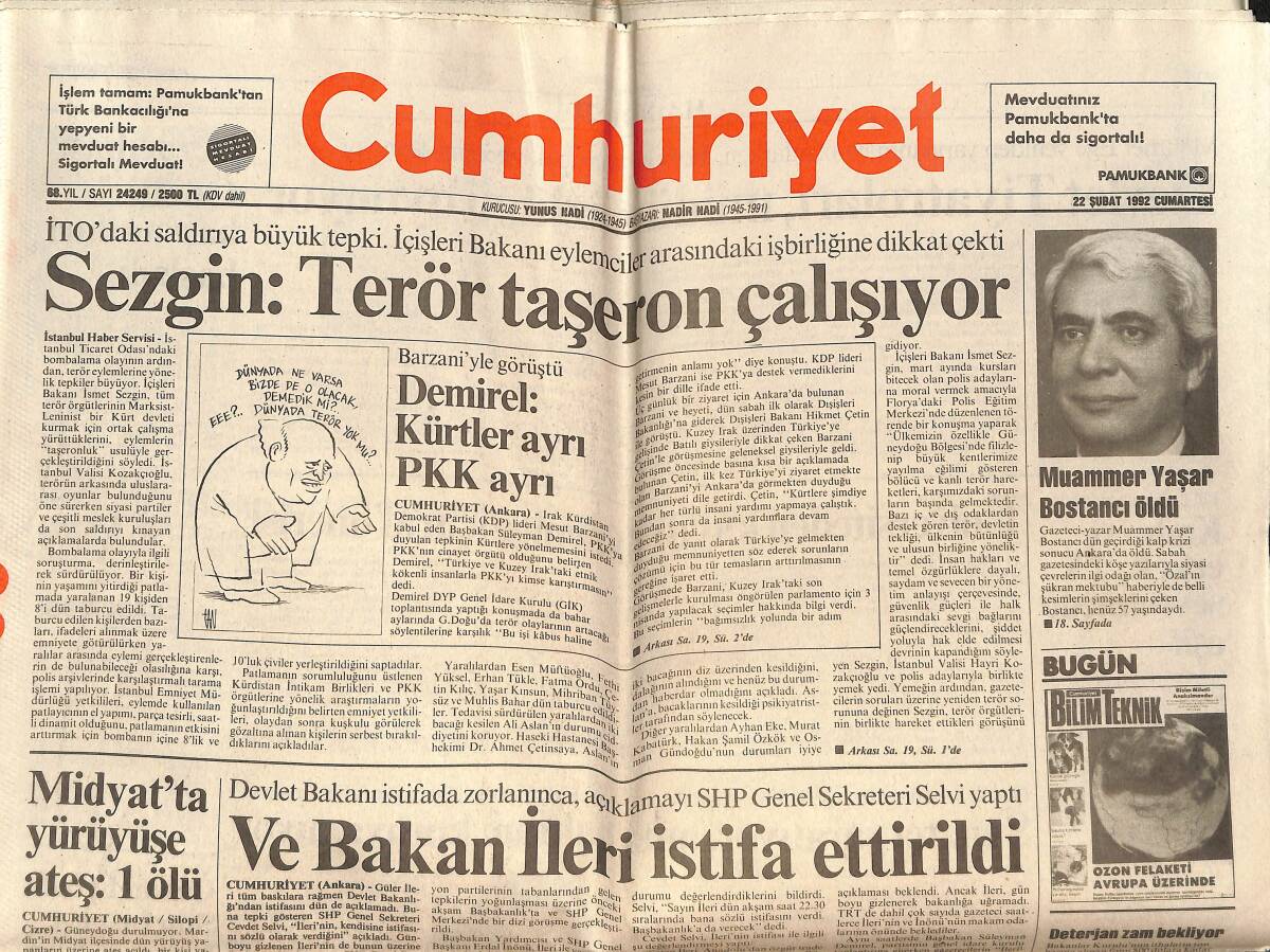 Cumhuriyet Gazetesi 22 Şubat 1992 - Muammer Yaşar Bostancı Öldü - Öldürülen Hizbullah Lideri Musavi İçin Beyazıt'ta Gösteri GZ151973 - 1