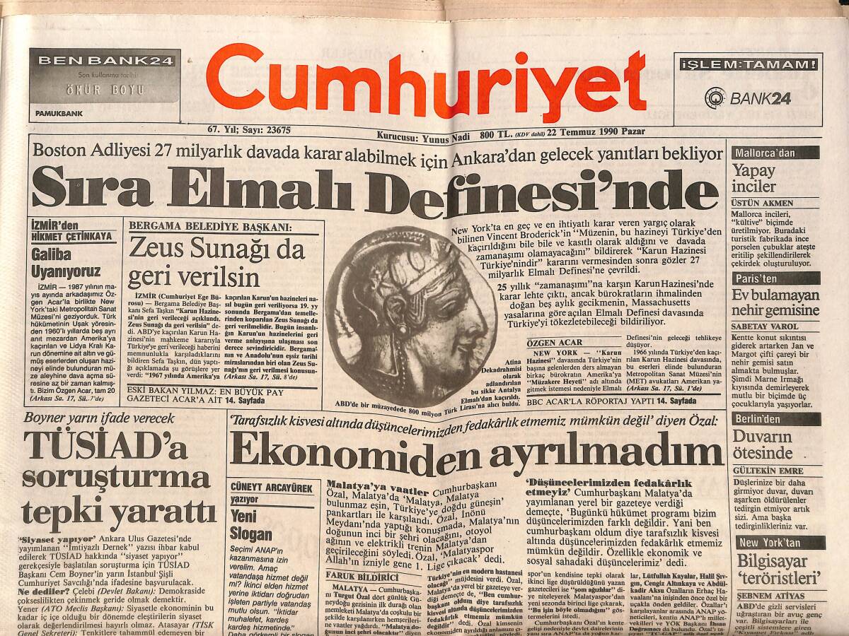 Cumhuriyet Gazetesi 22 Temmuz 1990 - Sıra Elmalı Definesi'nde - Mitsotakis : Türkiye Saldırgan Tutumda GZ151938 - 1