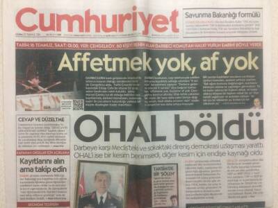 Cumhuriyet Gazetesi 22 Temmuz 2016 - Ohal Böldü,Affetmek Yok Af Yok GZ29179 - 1