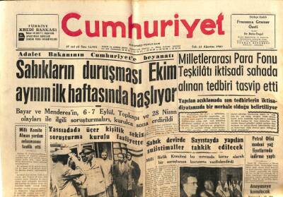 Cumhuriyet Gazetesi 23 Ağustos 1960 - Sabıkların Duruşması Ekim Ayının İlk Haftasında Başlıyor GZ70162 - 2