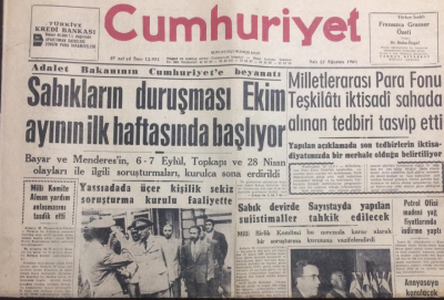 Cumhuriyet Gazetesi 23 Ağustos 1960 - Yassıadada Üçer Kişilik Sekiz Soruşturma Kurulu Faaliyette - GZ12083 - 1