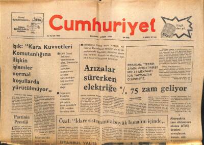 Cumhuriyet Gazetesi 23 Ağustos 1977 - Arızılar Sürerken Elektriğe %75 Zam Geliyor GZ103257 - 2