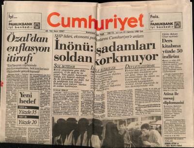 Cumhuriyet Gazetesi 23 Ağustos 1988 - Özaldan Enflasyon İtirafı GZ65118 - 2