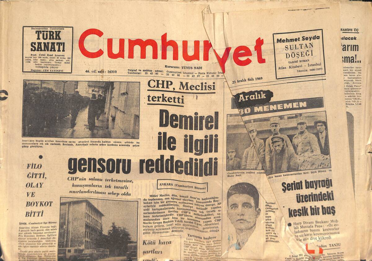 Cumhuriyet Gazetesi 23 Aralık 1969 - Şeyh Hüsnü ve Hafız Nuri, Malkoçoğlu Çizgi Roman, Feridun Aybars GZ134720 - 1