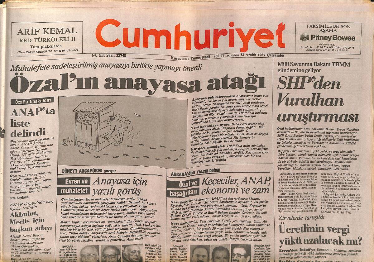 Cumhuriyet Gazetesi 23 Aralık 1987 - Özal'ın Anayasa Atağı - Bakanlar Atatürk'ün Huzurunda - Hoşçakal Marguerite Yourcenar GZ140021 - 1