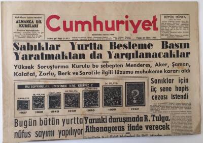 Cumhuriyet Gazetesi 23 Ekim 1960 - Bugün Bütün Yurtta Nüfus Sayımı Yapılıyor, Besleme Basın Davası GZ13960 - 1