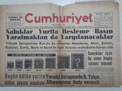 Cumhuriyet Gazetesi - 23 Ekim 1960 - Sabıklar Besleme Basın Yaratmaktan Yargılanacaklar GZ112716 - 1