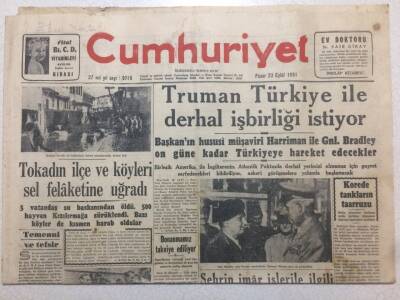 Cumhuriyet Gazetesi 23 Eylül 1951 - Truman Türkiye İle Derhal İşbirliği Diyor GZ52515 - 1
